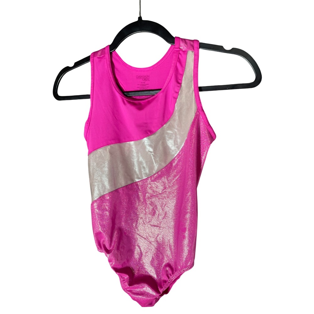 Danskin Now Girls Pink Silver Metallic Glitter Gymnastics Leotard Size M 7-8